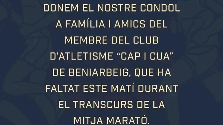 Luto en el atletismo popular de la Marina Alta: fallece un corredor de 61 años de Beniarbeig durante la media maratón de Dénia, Els Poblets, El Verger y Ondara